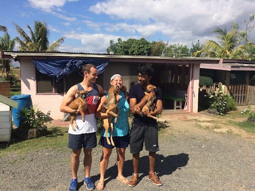 Three smiling volunteers standing outside a house, each holding a puppy